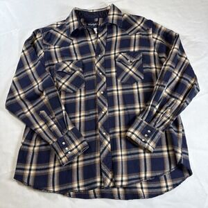 Wrangler Western Bue Plaid Pearl Snap Flannel Long Sleeve Shirt Mens Size XL
